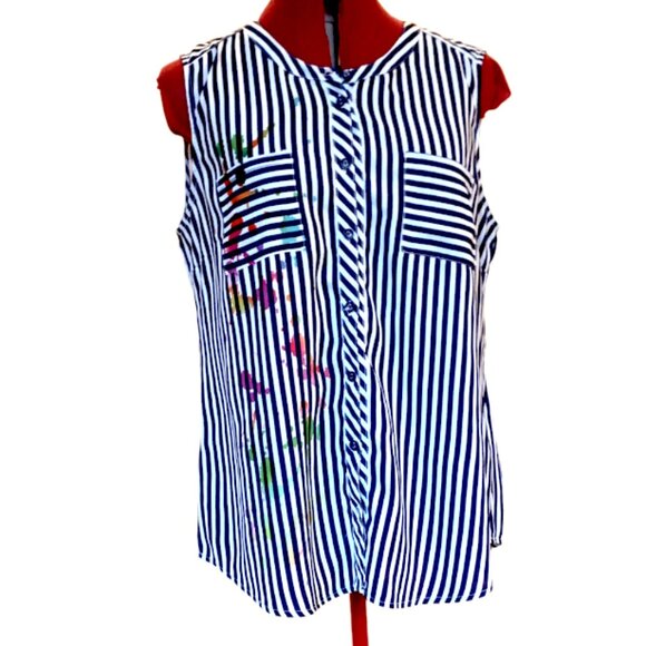 TERRA NOSTRA - Striped Sleeveless Button-Front Top with abstract print – Size L - Picture 1 of 13